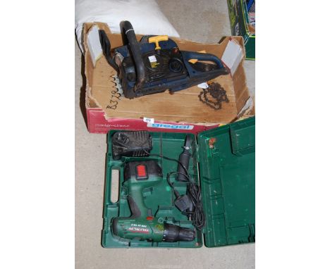 A 'Bosch' 24v cordless drill with charger and a 'P-Pro' chainsaw - (engine turns, chain brake working, chain/bar removed.)   