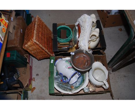 Empty picnic baskets, vases, cushions, hamper, glasses, wash jug and bowl in two boxes.