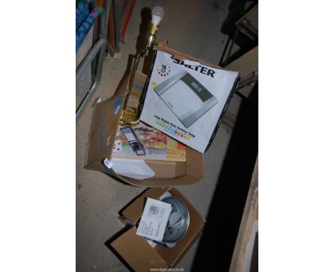 A box of  'Scatters' scales, crock-pot rice cooker, lamp, and wonder cutter, etc.