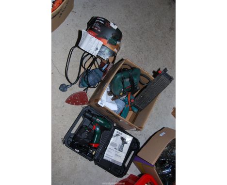 A Palm Sander, Black & Decker 240 volt Drill, Oil cooler, Bosch Jigsaw.