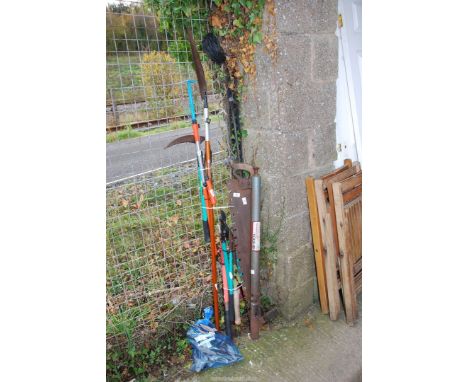 A cross cut saw, loppers, pruning saw, small scythe and a paraffin weed gun.