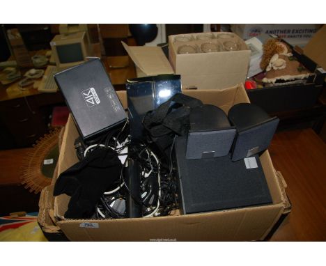 A box of glass chopping boards, TV aerials, amp, speaker, cable, remote etc.