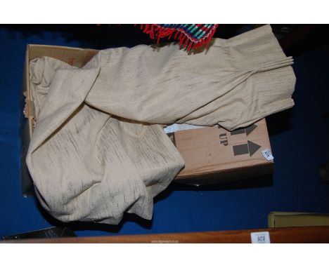Two boxes of lined gold curtains, fabric width 98'' wide x 54'' drop and 72'' wide x 54'' drop.
