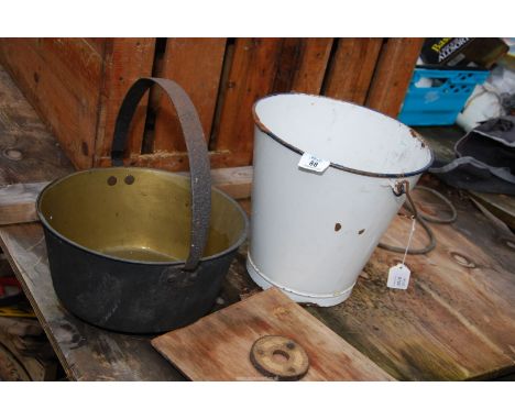 Enamel pail and a brass jam pan.