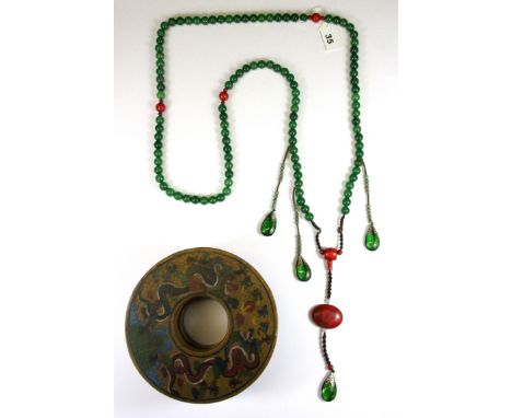 A large strand of Tibetan green jade and other stone prayer beads with circular hand painted storage box, folded L. 95cm.