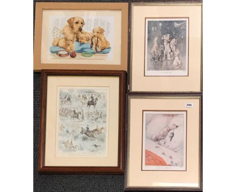 Two framed bonzo dog prints, framed size 37 x 47cm together with a tapestry and a further print.