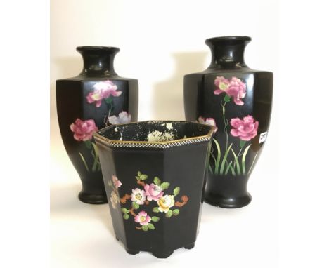 A pair of Edwardian ceramic vases, H. 37cm, and planter.
