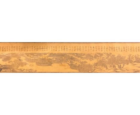 A large Chinese silk mounted scroll painting, 78 x 196cm.