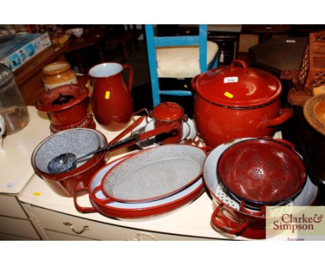 A large quantity of various enamel cooking ware etc