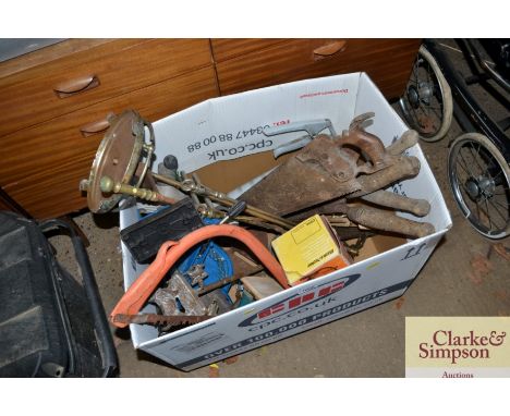 A box of various tools; fire irons etc