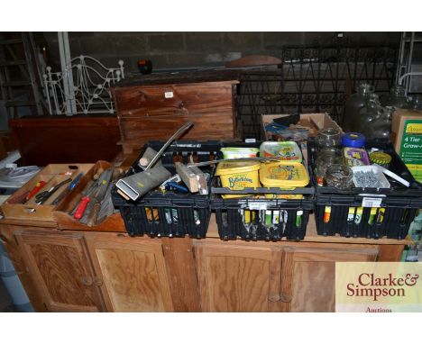 Three plastic trays and two wooden trays of various hand tools; screws; nails etc
