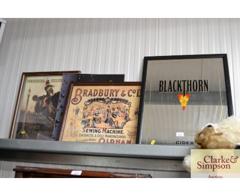 A Blackthorn cider advertising mirror together with various prints 
