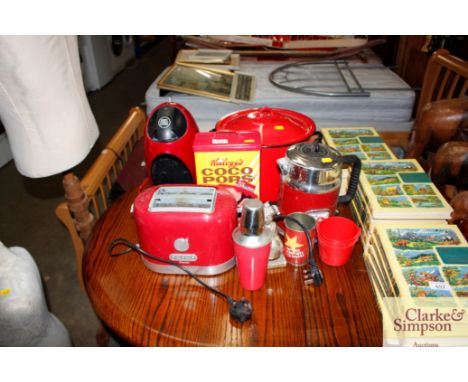 A Nescafe Dolce Gusto coffee machine, enamel bread bin, toaster etc.