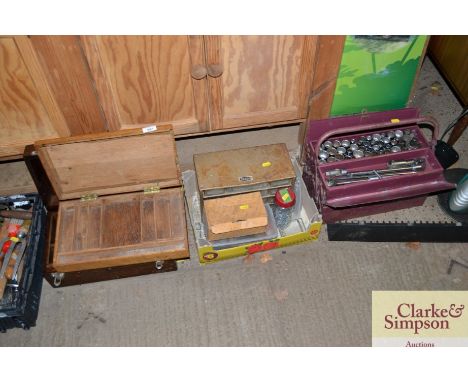 Two wooden tool boxes; a box of fittings and tools and a cantilever tool box and contents