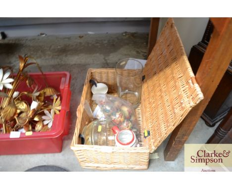 A wicker picnic hamper and contents of various glassware etc