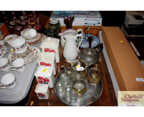 A quantity of various silver plated ware; pewter teapot; vintage storage jars etc