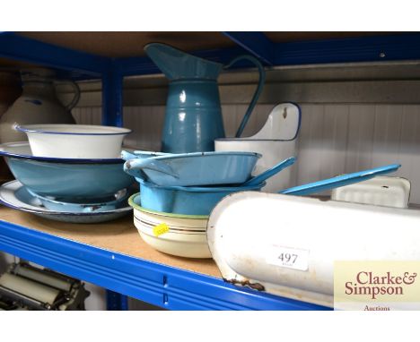 A large quantity of various enamel ware to include saucepans; plates etc