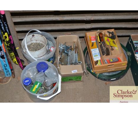 Three plastic tubs of various nails; screws; bolts and two boxes of various tools; locks etc