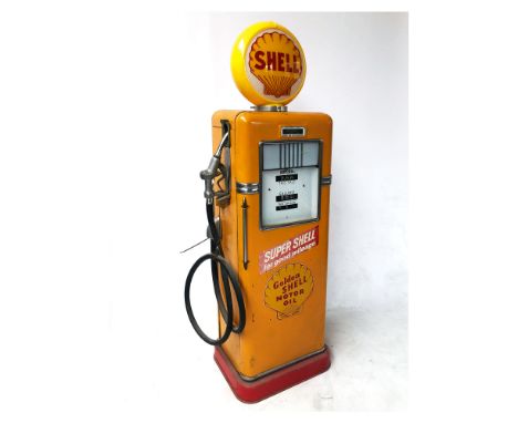 Very nice condition original USA Bowser gas pump with Shell theme new globe and signs. The gas pump has working lights. Size: