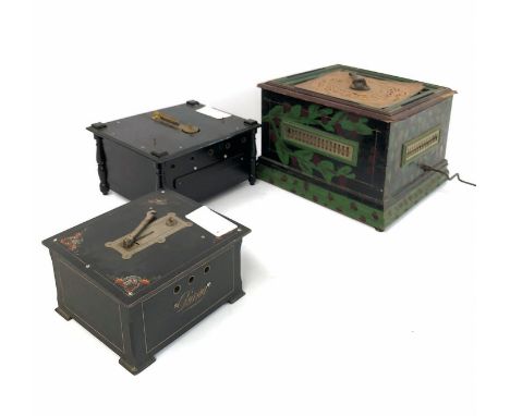 Set of 3 Mechanical Organettes. Organette "Diana" Hand-organ with 14 accordion steel-tongues and zinc-tunes. Another organett