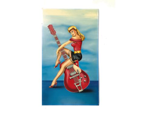 Unframed one of a kind Gibson guitar and pinup girl painting on board. Size: 122,5 x 69 cm. Condition: Good.