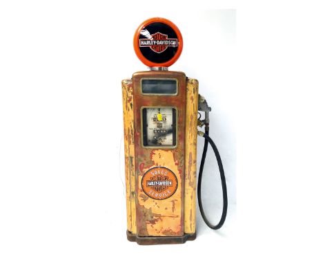 Original USA Bowser gas pump with Harley Davidson theme reproduction globe and signs. The gas pump has very nice patina and w