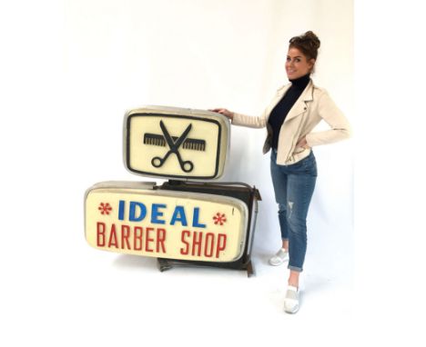Unrestored two-sided Ideal Barber Shop light box sign. One side is in bad shape while the other side looks quite good. Rare o