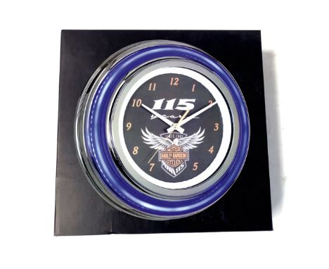 2018 Harley Davidson commemorative clock 115th anniversary. The clock has white inner and blue outer LED light rings. Brand n