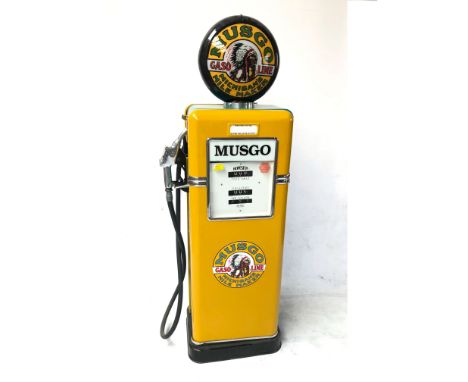 Restored original USA Bowser gas pump with Musgo theme reproduction globe and signs. The gas pump has working lights. Size: 1