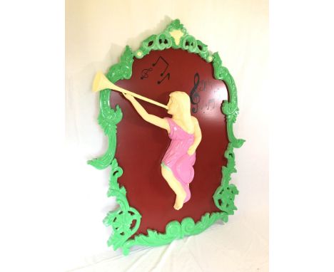 Unique wooden fairground panel of a girl playing wind instrument. Completely restored with a new back plate. Size: 150 cm (59