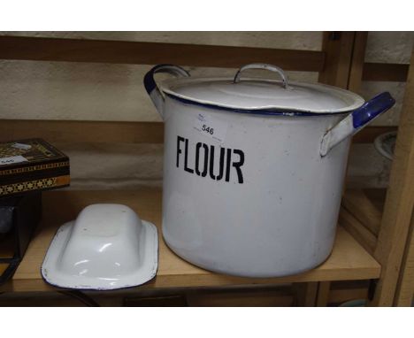 A vintage enamel flour bin together with a small enamelled dish