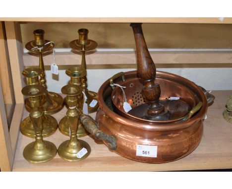 Quantity of assorted metal wares to include two pairs of dwarf brass candlesticks, another pair, a hammered copper planter an