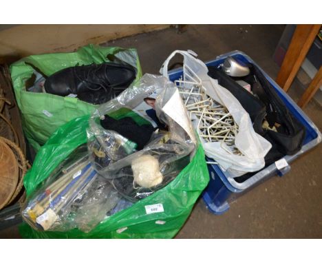 Mixed Lot:  Knitting needles and wool, fabrics, lamp stands, lamps etc