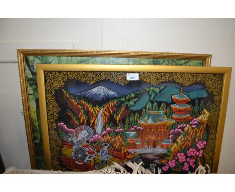 An Eastern print of a lady in a rickshaw on a bridge together with a cottage by a waterfall, oil on canvas and a print of a f
