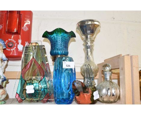 Mixed Lot:  Silvered glass candlestick, scent bottle, glass vases etc