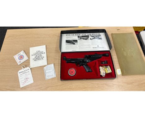 Webley Hurricane .22 air pistol complete with its original box, allen key, scope rail adaptor, boxed Webley Pistol scope, tin