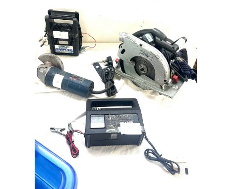 Job lot of power tools includes circular saw, grinder, sander and 2 battery chargers 