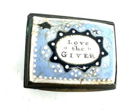 Georgian Bilston enamel patch box (love the Giver) 