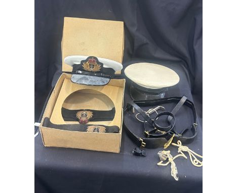 2 Vintage Navy hats, 1 boxed,  with a selection of whistles, belts etc 