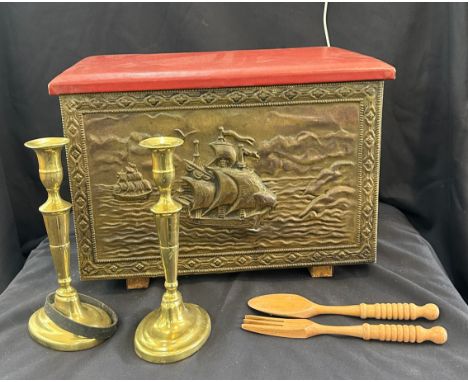 Brass items to include a coal box and two candle sticks, also two wooden fork and spoon 