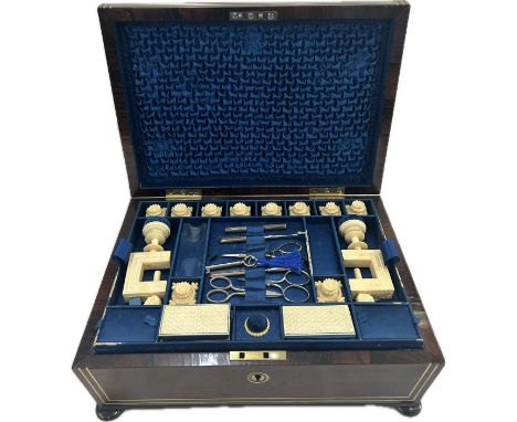 Rosewood sewing box, brass inlay with ivory sewing accessories (Clamps, Bobbins etc) working lock and key, together with Ivor