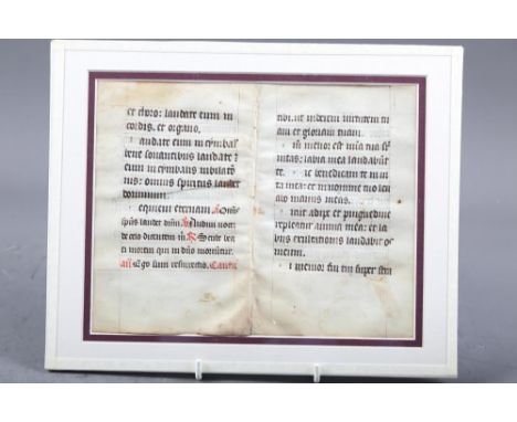 A fragment of a Medieval missal on velum, in double sided glass mount, and a print of a sailing ship, in Hogarth frame