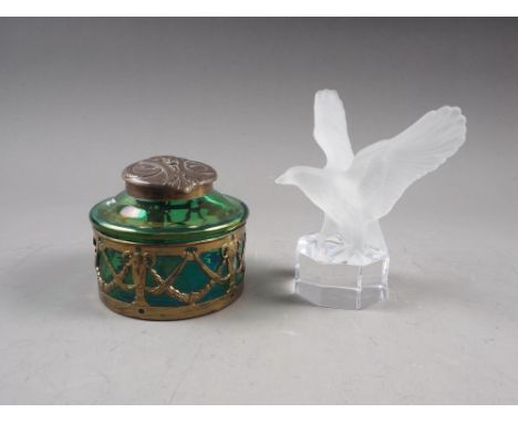 A Loetz style green lustre inkwell with pierced brass mounts, 3 1/2" dia x 3" high, and a Goebel model of a bird, 4 1/2" high