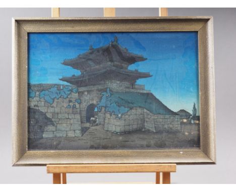 Elizabeth Reith: a signed colour woodblock print, "The Eastgate Seoul Korea", in silvered frame (slight insect damage) 