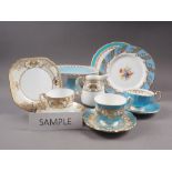A Noritake part teaset, a similar gilt decorated part teaset, Aynsley turquoise and gilt decorated
