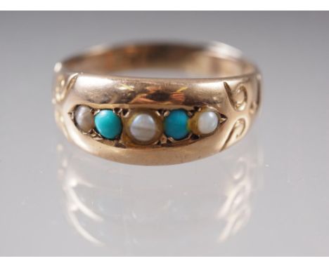 A 9ct gold, turquoise and seed pearl dress ring, size J, 2g 