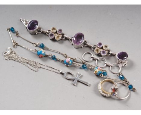 A dress ring, an amethyst pendant, and other silver jewellery 