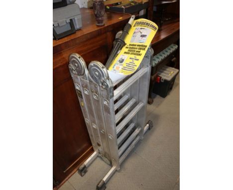 A Youngman multi-purpose four-section folding ladder and a LadderLimb tool arm 