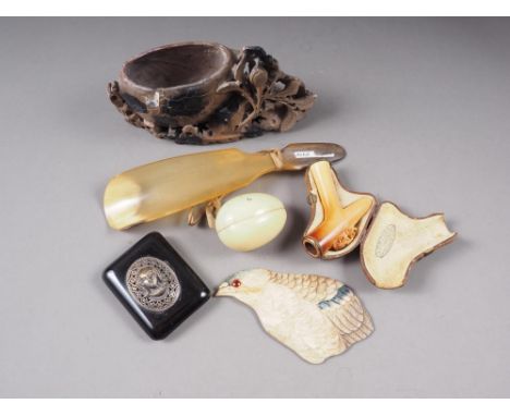 A Japanese carved bone plaque, formed as a bird, a Meerschaum pipe, in case, a soapstone brush wash and other items 