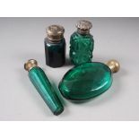 A Victorian white metal mounted green cut glass scent bottle, 3 1/4" high, and three other similar